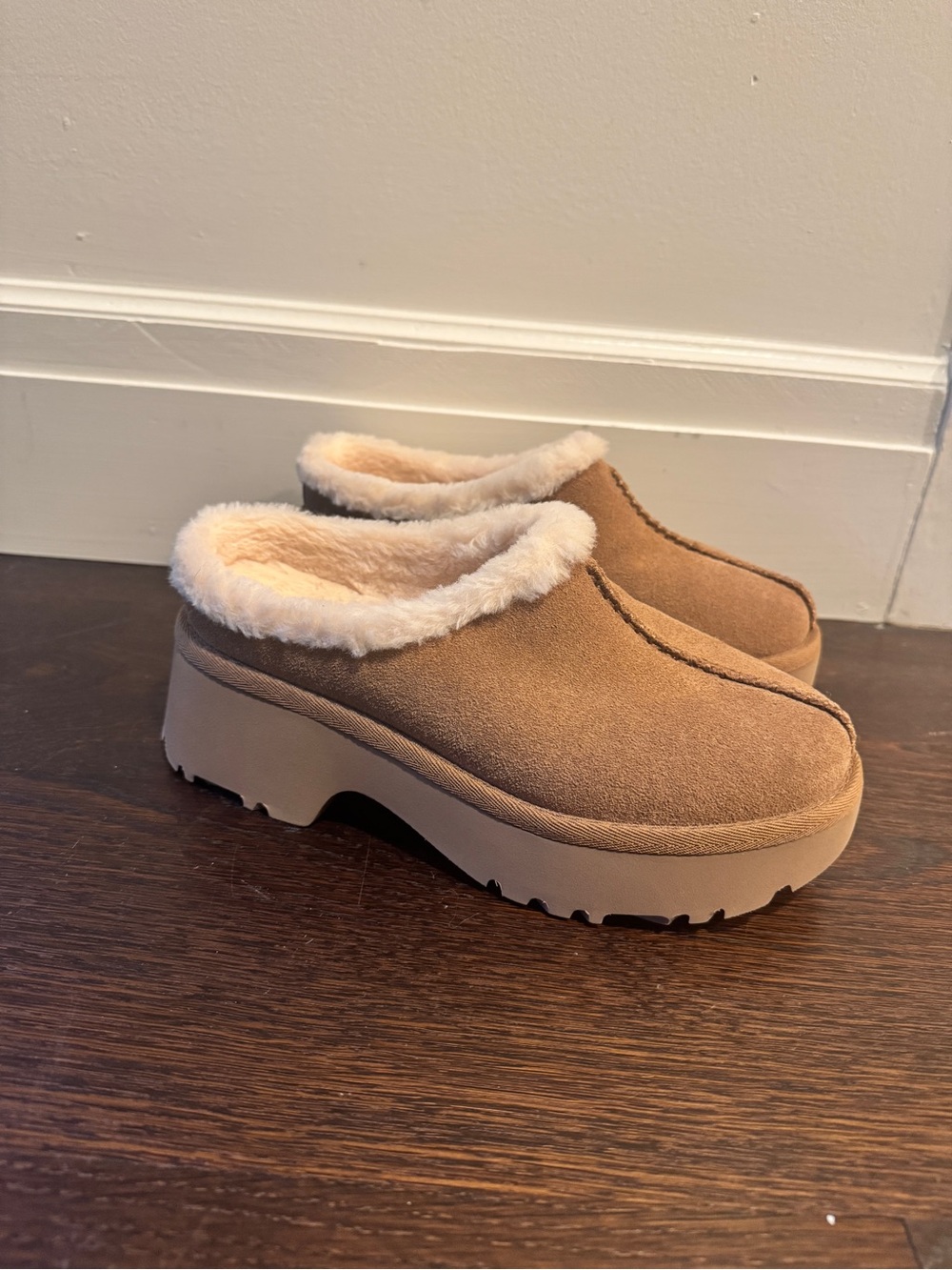 Women's Tan Faux-Suede Clog Mules with Cream Faux-Fur Trim